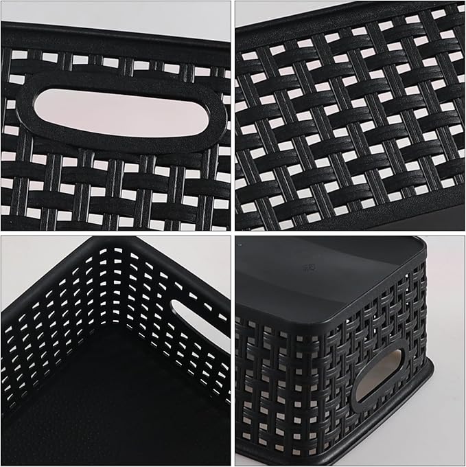 6-Pack Plastic Storage Baskets, Woven Shelf Basket with Cut Out Handle, Pantry, Classroom, Kitchen, Bathroom Organizer Bin, Black