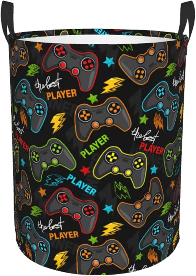 Video Game Controller Round Laundry Hamper Gaming Joysticks Storage Basket Toys Clothes Organizer Bin For Home Bathroom Bedroom Dorm Nursery, 38l