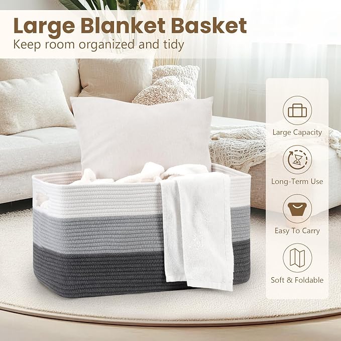 75L Large Blanket Basket, Woven Storage Baskets with Reinforced Handles, Rope Laundry Basket for Living Room, Bedroom, Nursery, Toys, Clothes,Pillows, 22â x 17â x 11.5â, White & Grey