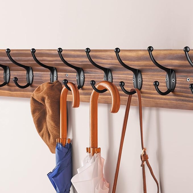 Coat Rack Wall Mounted,Vintage Wooden Coat Hooks for Wall,Heavy Duty 10 Dual Coat Hangers for Hanging Coats, Jacket,Hat,Clothes,Brown