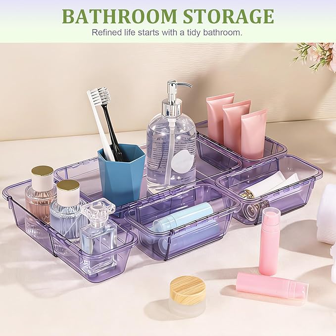 15 Pcs Adjustable Clear Drawer Organizer, All Extendable Vanity Storage Bins, Desk Drawer Organizer Set for Makeup, Cosmetics, Bedroom, and Gadgets, Purple