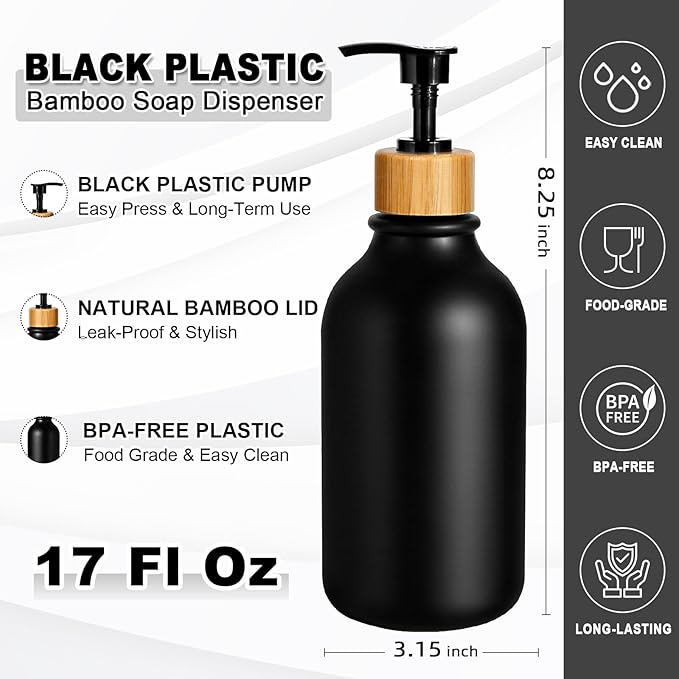 Hand Soap Dispenser Bathroom, Black Dish Soap Dispenser for Kitchen, 17 Fl Oz Plastic Hand and Dish Soap Dispensers Set with Bamboo Pump, 2 Pack Refillable Liquid Lotion Containers Bottle