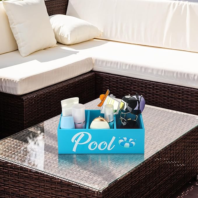 Pool Storage Basket Blue Summer Wooden Box with 3 Compartments Toilet Tank Tray for Indoor Outdoor Swimming Pool Decor Sunblock Sunglasses Beach Toy Storage Box