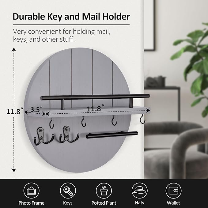 Nekon Key Holder Wall Mount, 11.8 Inch Key Rack with Shelf and 6 Key Hooks, Rustic Key and Mail Organizer, Circular Wooden Key Hanger for Entryway Hallway Kitchen (Gray)