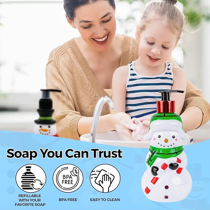 Simple Pleasures Snow Frosting Hand Soap Dispenser – 16.9 fl oz Refillable Holiday Soap, Ceramic Snowman Design with Candy Cane & Green Scarf – Festive Winter Bathroom & Kitchen Décor Gift