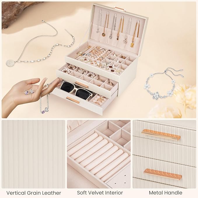 Dajasan Jewelry Boxes for Women, Jewelry Organizers and Storage with 2 Drawers, Large Jewelry Organizer Box for Necklaces Rings Earrings Bracelets, Gift Idea, Modern Style (Beige)