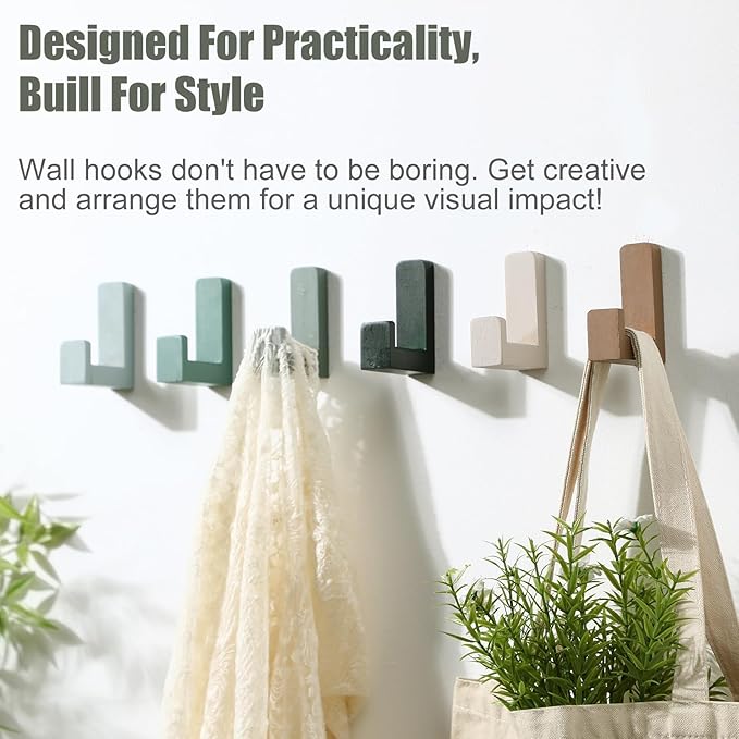 6 Pack Cute Kids Coat Wall Hooks Wooden Adhesive Decorative Colorful Wall Mounted Hangers Backpack Hooks for Hanging Keys Towel Clothes Bathroom Organization(Green)