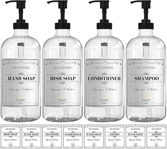 16 OZ Clear Glass Soap Dispenser with Pump, Hand and Dish Soap Dispenser Set for Bathroom with 12 Waterproof Labels, Pack 4