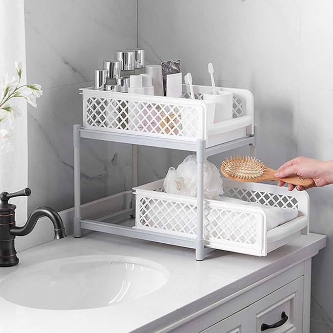 2 - Layer Bathroom Sliding Basket Storage Cabinet Organizer, White Bathroom Shelf with Pull Out Drawers, Space Saving Storage Rack for Kitchen Bathroom Office, Sturdy PP ABS Materi