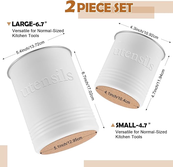 2 Pack Kitchen Utensil Holder for Counter 6.7"+4.7" Farmhouse Cooking Utensil Crock with Cork Bottom Modern Farmhouse Decors Countertop Storage Organizer Caddy Housewarming Gift (White)