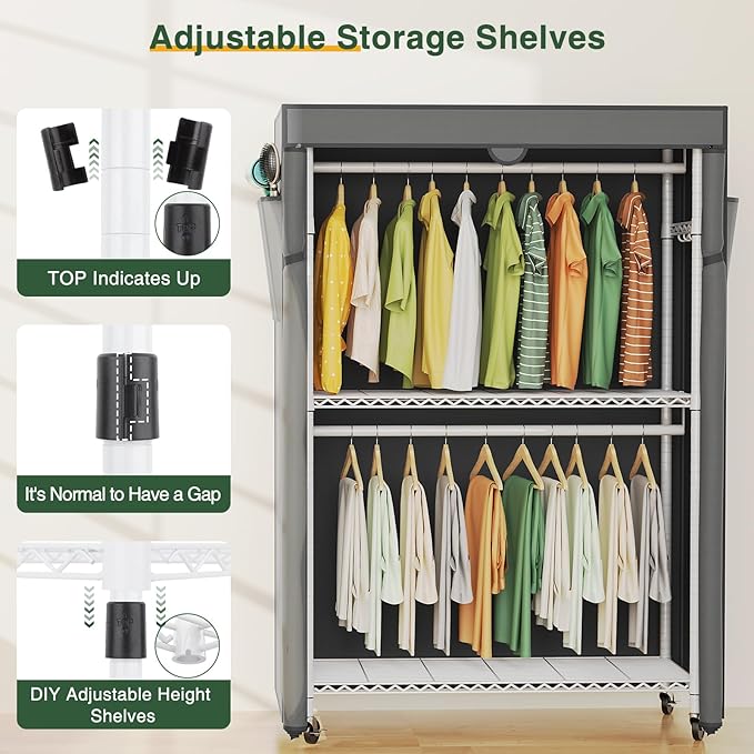 LEHOM G1C Heavy Duty Clothes Rack with Cover, Rolling Garment Rack for Hanging Clothes, Portable Closets with Oxford Fabric Cover, Freestanding Clothing Rack on Wheels (White+gray Cover, G1C)