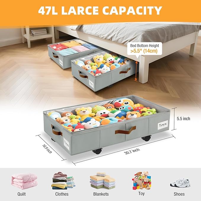 4 Pack Under Bed Storage– 30.5×17×5.5 Inch, Underbed Storage with Wheels Sturdy Sidewalls/Bottom, Clear Cover, Label and PU Handle, Rolling Under Bed Drawers for Clothes, Shoes, Toys, Blankets,Grey