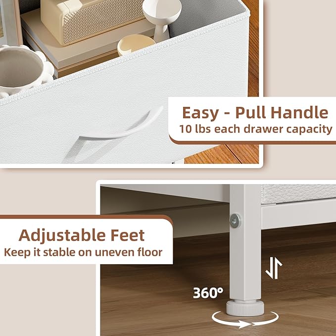 Somdot Nightstand Set of 2 with 2 Storage Drawers, Small Bedside Table End Table, Wooden Top Fabric Cabinet for Bedroom, Kids Closet, College Dorm, Entryway, White Leather