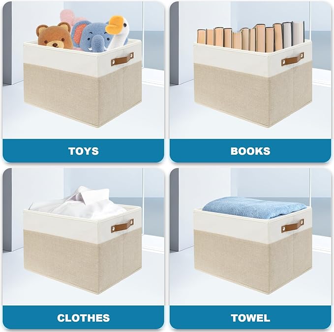 6 Pack Large Fabric Storage Baskets for Shelves , Closet Storage Bins for Shelves, Fabric Baskets for Organizing with Handles for Home organization and Storage (White with Beige,15"L*13"W*13"H)
