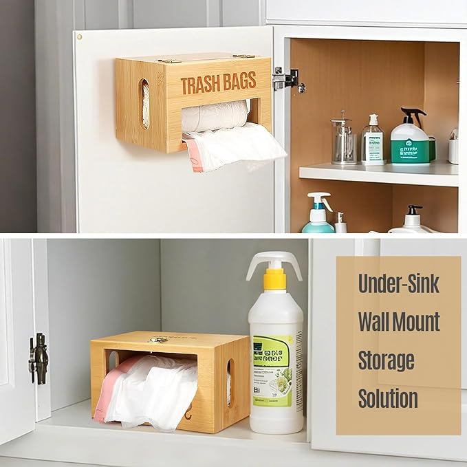 Extra Large Bamboo Trash Bag Dispenser Holder for Tall Kitchen Bags, Fits Costco Jumbo Rolls, 13–33 Gallon Garbage Bag Organizer for Pantry, Under Sink/Wall/Cabinet/Freestanding Mount