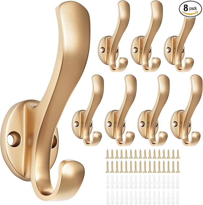 Coat Hooks Heavy Duty - Easy to Install Metal Towel Hooks Fashionable Wall Hooks for Hanging Hat, Towel, Key, Robe, Scarf, Bag, Cap (8 PCS Gold)