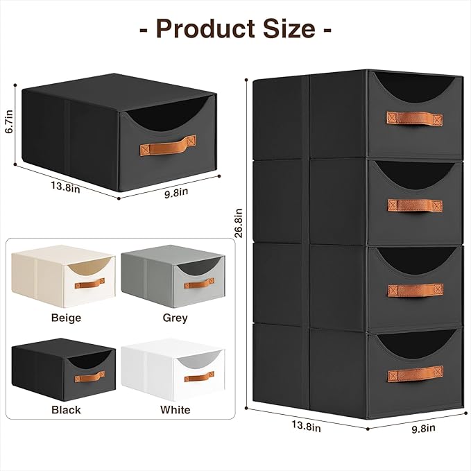 Stackable Storage Drawers - Collapsible Storage Bins with Drawers, 4 Pack Closet Shelf Organizer Basket, Fabric Pull Out Organizer for Bedroom, Living Room, Dorm, Black