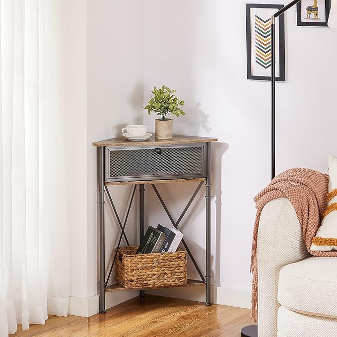 VECELO Corner Cabinet/Table, 3-Tier Display Shelves with Protection Door, Metal Frame Storage Shelf Organizer for Small Space, Living Room, Kitchen, Bathroom