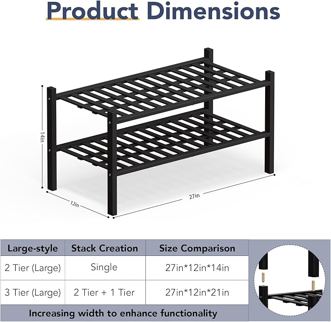 Haddockway Large 2 Tier Bamboo Shoe Rack Storage Organizer, Multifunctional Free Standing Stackable Shoe Shelf with Grid Panel for Closet,Hallway,Entryway,Small Space 27"x12"x14"
