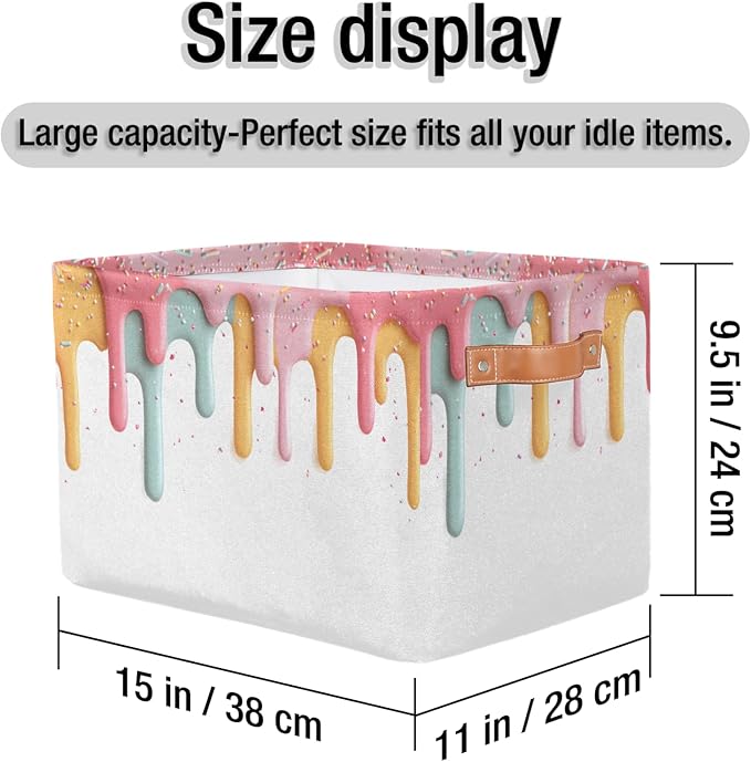 Cute Storage Bins for Organization, Canvas Book Storage Bins Handles, Bedroom Shelves Decorative Baskets for Organizing, Fabric Cube Bin Classroom Dorm Closet Organizer Box (Ice Cream)