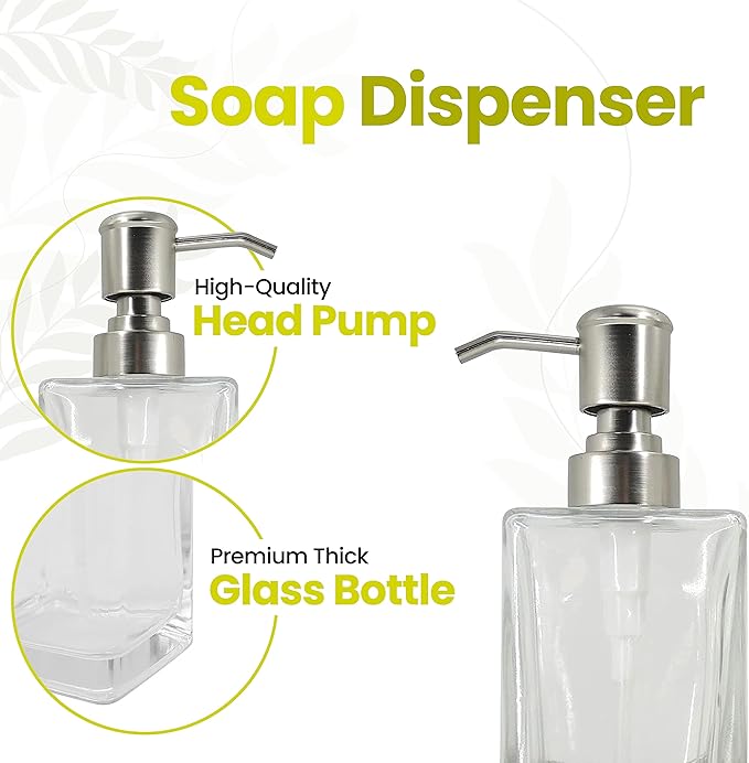 Square Glass Clear Lotion and Soap Pump Dispenser Set with Metal Stand Caddy for Bathroom Bath Kitchen Home Office Travel Hotel Hand Crafted Heavy Weight Nickel