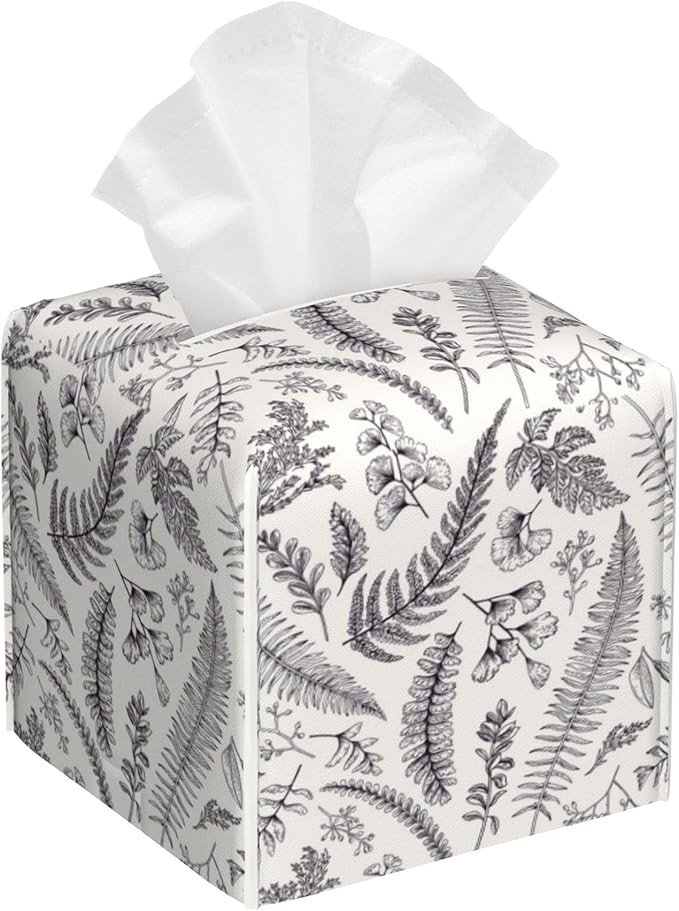 Vintage Floral Leaves Tissue Box Cover Square,Tissue Box Holder with Belt Bottom,Stylish Leather Napkin Holder for Vanity Countertop,Nightstands,Office Desk,5.2"Ã5.2"Ã5.2"