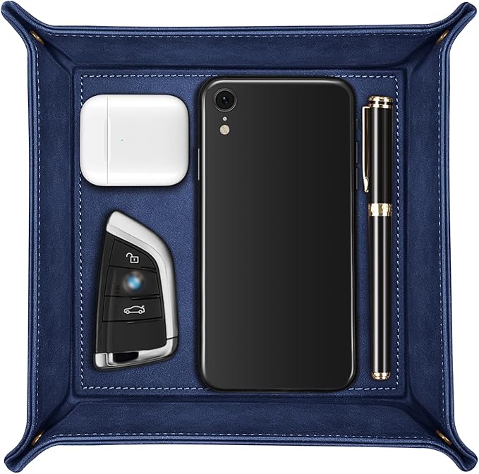 SITHON Valet Tray Desktop Storage Organizer â Premium PU Leather Catchall Bedside Vanity Tray Nightstand Caddy Holder for Keys, Phone, Wallet, Valentine's Day Gift, Dark Blue