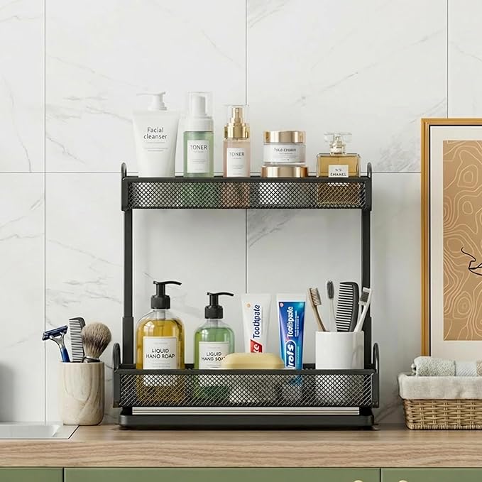 YASONIC Under Sink Organizer, Metal 2 Pack Height Adjustable Under Kitchen Sink Organizer with Pull Out Drawer, 15.9 Inches Cabinet Organizers and Storage for Kitchen & Bathroom Black