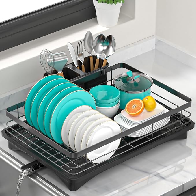 Small Dish Drying Rack for Kitchen Counter with Drainboard & Utensil Holder, Metal Dish Drainers for Kitchen with Adjustable Drain Spout, Ideal Dishes Strainers for Singles or Couples (Black)