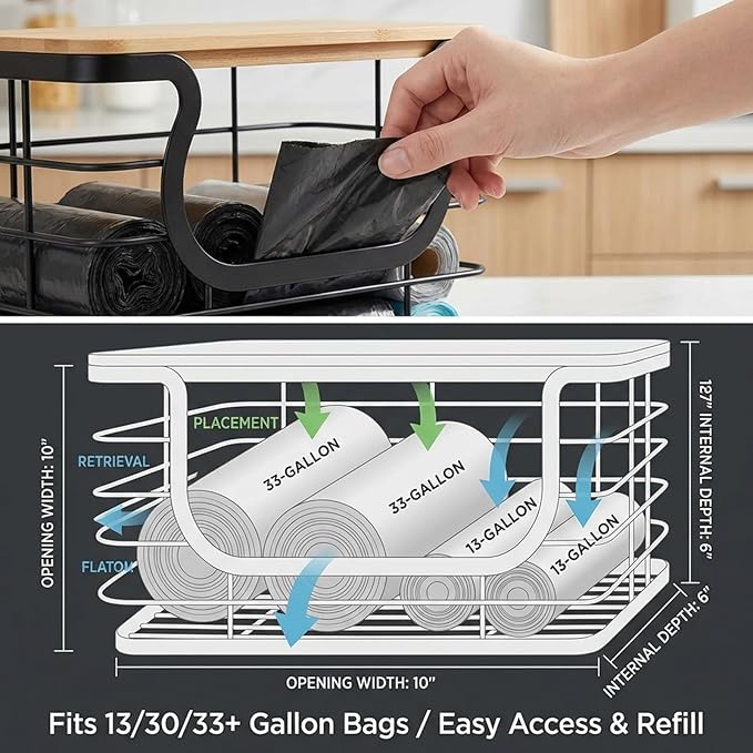 2-Pack Stackable Trash Bag Holder with Natural Fiber Top, Under Sink Garbage Bag Dispenser for Kitchen Storage & Organization, Multi-Use Wire Basket Organizer for Laundry Room & Pantry, Black