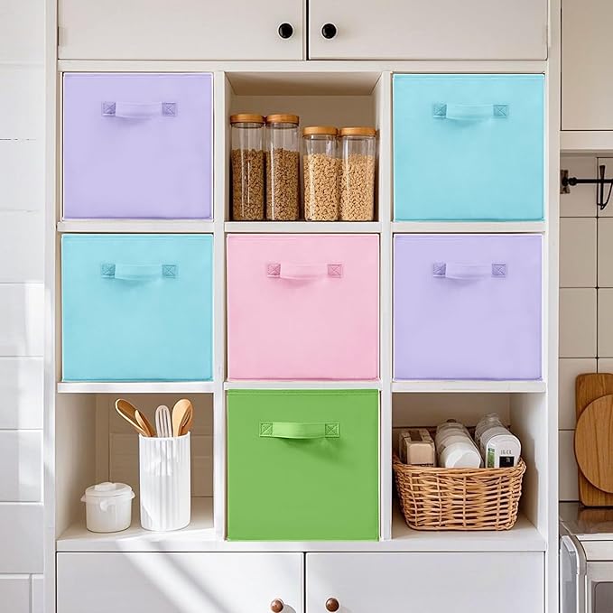 11 Inch Fabric Storage Cubes, Sturdy Foldable Storage Bins, Heavy Duty Cube Organizer for Clothes, Blankets, Shelves, Closets, Bedroom, Living Room, Multi-Color, 10 Pack