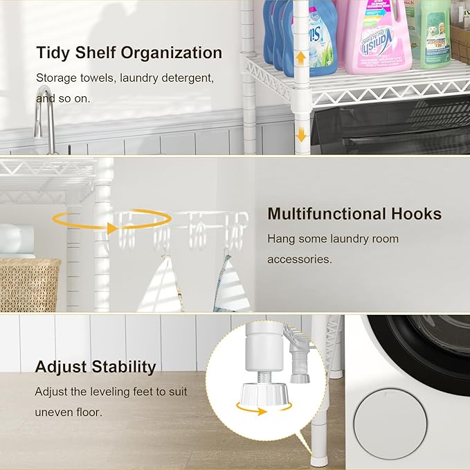 Ulif U8 Medium Laundry Room Storage Organizer, Over the Washer and Dryer Storage Shelves for Laundry Organization, 32.3”W x 17.3”D x 76.2”H, Suit Washing Machine Width within 29.9”, Hold 304 lb, White