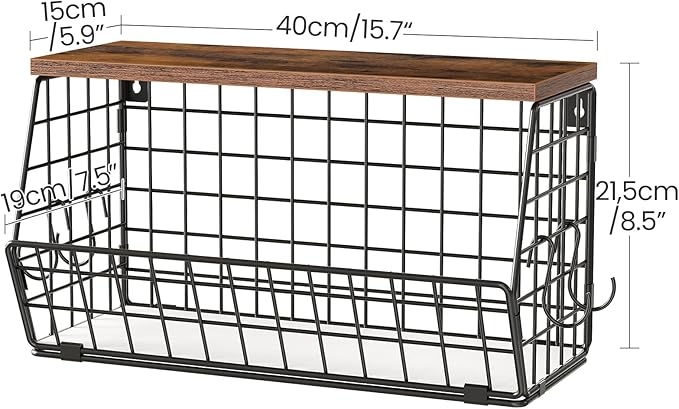 2-Tier Fruit Basket for Kitchen, Stackable wire basket with Wooden Lid, Hanging Basket with 4 Banana Hanger Hooks, for Snack, Fruit, Vegetable Storage, Rustic Brown and Black TCW04P2BF