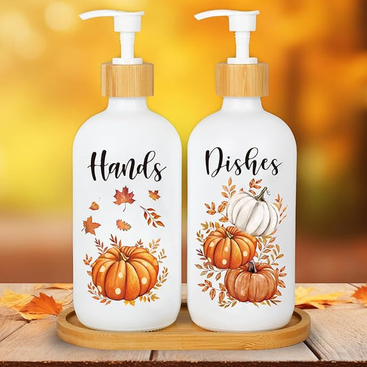 2Pcs Fall Soap Dispenser White Orange Pumpkin Leaves Glass Dispenser with Pump 16 Oz Refillable Liquid Soap Container for Autumn Harvest Thanksgiving Kitchen Bathroom