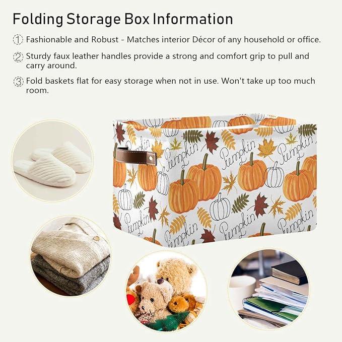 Bolaz Large Storage Basket Pumpkin Leaf Fall Autumn Foldable Storage Box Organizer Bins with Handles for Bedroom Home Office