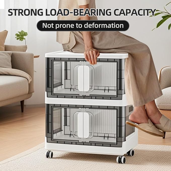 Folding Storage Organizer with Silent casters | Stackable Design for Home & Office, Heavy-Duty Plastic Storage Bin with Clear Door, 3 Sizes (19.5/23.5/27.5in),Black/White (23.6" 2 layer, White)