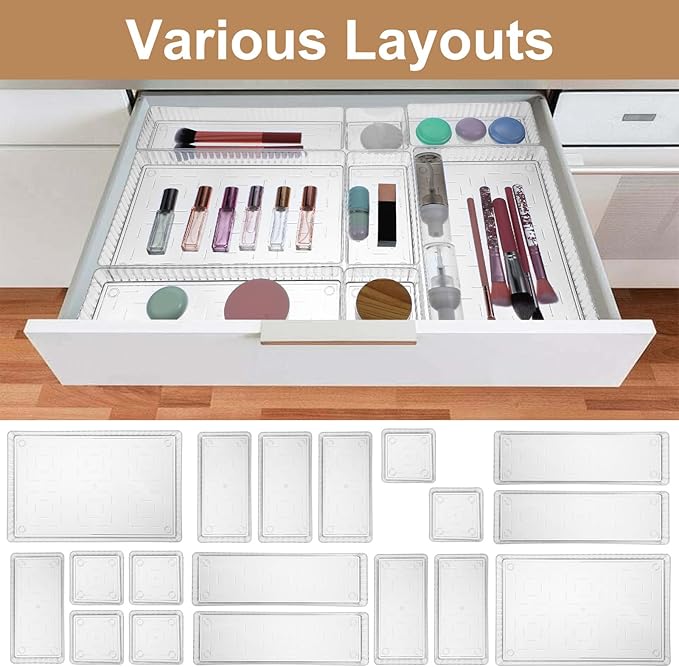 MAQUITA 18 PCS Clear Plastic Drawer Organizer Set 4 Large Size Versatile Kitchen and Bathroom Organizer Trays, Non-Slip Storage Bins for Makeup, Utensils, Tool and Office Desk