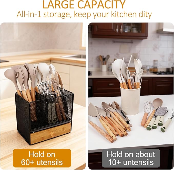 Kitchen Utensil Holder Countertop, Extra Large Utensil Organizer with Drawer, 2-In-1 Utensil & Silverware Holder for Countertop, Kitchen Organizer for Cookware Flatware, with Quick Dry Diatomite Pad