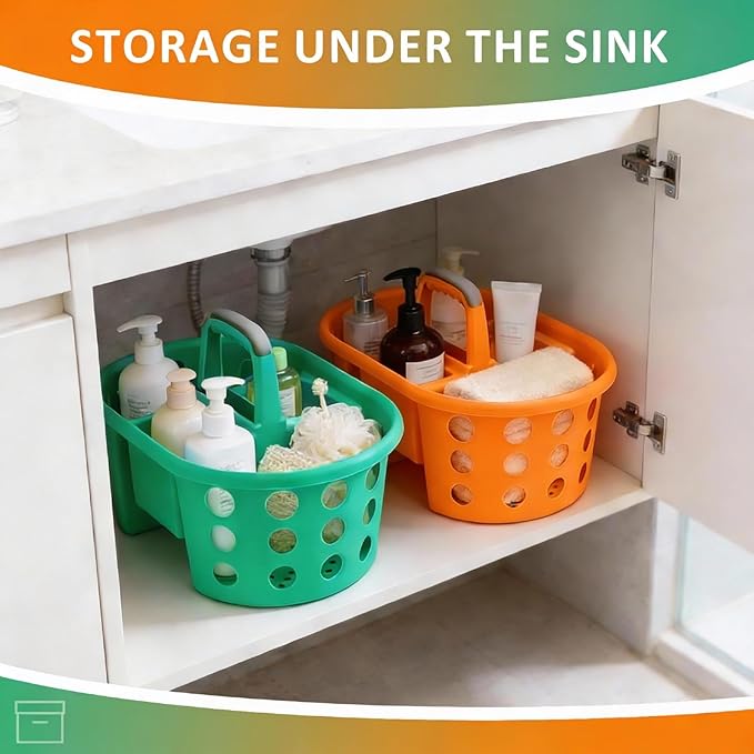 Large Shower Caddy Portable 2PC - Made in USA Plastic Jumbo Size Dorm Storage Candy Tote with Handle Shower Organizer for Bathroom, Pantry, Kitchen, College Dorm, Green/Orange