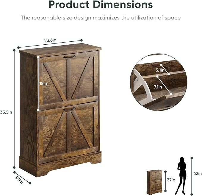 Shoe Cabinet, Shoe Storage Cabinet for Entryway with 2 Flip Drawers, Narrow Farmhouse Shoe Organizer Cabinet, Slim Shoe Rack Cabinet, 23.6in Rustic Brown