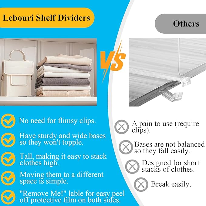 Shelf Dividers for Closet Organization: 12" Tall x 12" Deep Acrylic Closet Shelf Dividers for Clothes Sweater Purse - Clear Organizers and Storage Separators for Home Space Saver Enthusiasts