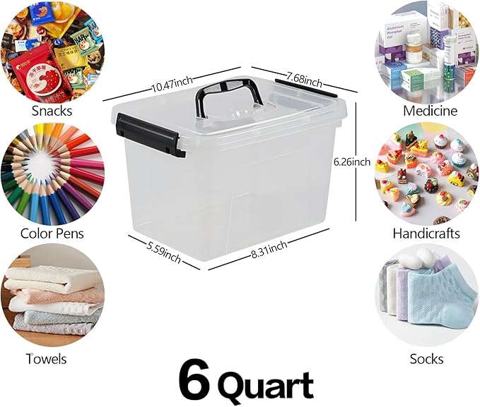 6 Quart Clear Organizer Bin with Lid Set of 4, Plastic Latching Storage Box