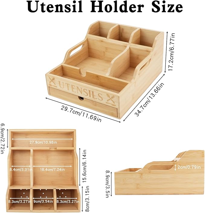Kitchen Utensil Holder with Drawer, Farmhouse Spatula Organizer for Countertop,Large Capacity Flatware Spoon Forks Knives Cooking Tool Cutlery Holder for Party Picnic BBQ with 11 Compartments (Wood)
