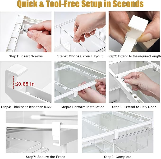 Refrigerator Drawer Organizers, Fridge Drawer Organizer, Pull Out with Handle, Clear Container for Food Drinks, Fit for Refrigerator Shelf Under 0.6 Inch, Easy to Install（1-Pack）