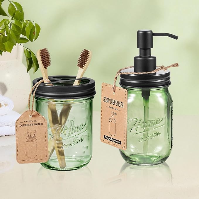 Amolliar 4PCS Bathroom Accessories Set (Lotion Soap Dispenser, Toothbrush Holder, 2 Qtip Holders), Rustic Farmhouse Decor, Green Glass Organizer for Countertop & Vanity, Bathroom Essentials, Black