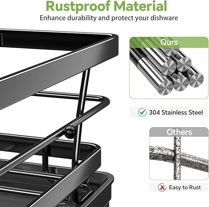 Dish Drying Rack for Kitchen Counter - Large Capacity Dish Drainer with Cutlery Holder & Drip Tray, Space Saving Kitchen Organizer (12x15.7), Black