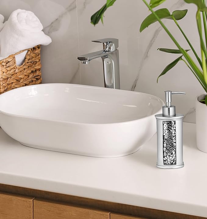 Zahari Home Sinatra Soap Dispenser/Lotion Pump Unique Design Bling Glass Mosaic Décor, Silver