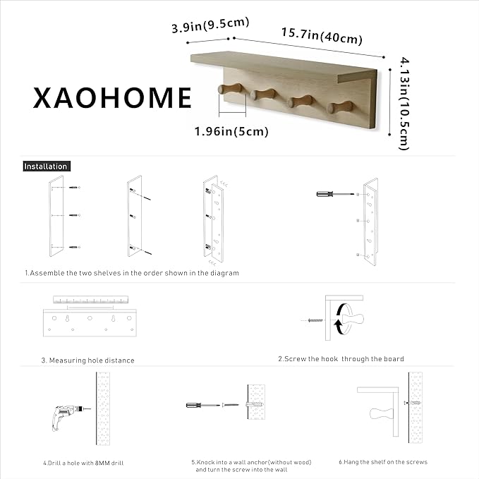 Entrance Coat Rack ，Coat Hooks, Wall-Mounted Wooden Hook Rack, Wall-Mounted Shelves are Very Suitable (Birch Colored Finish)