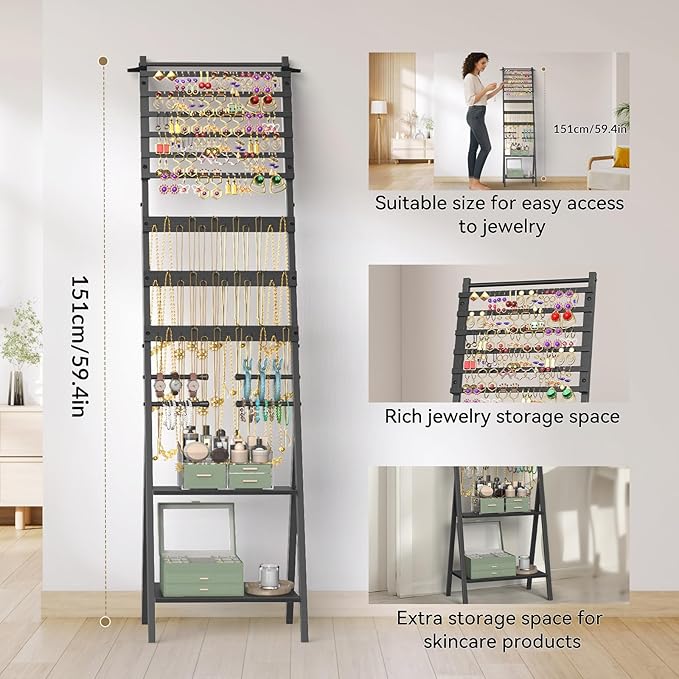 Jewelry Organizer Stand Floor Jewelry Holder Stand with Necklace Holder Earring Floor Stand, Tall Jewelry Armoire for Watches, Rings, Bangle, 54 Holes Metal Earring Rack, Black