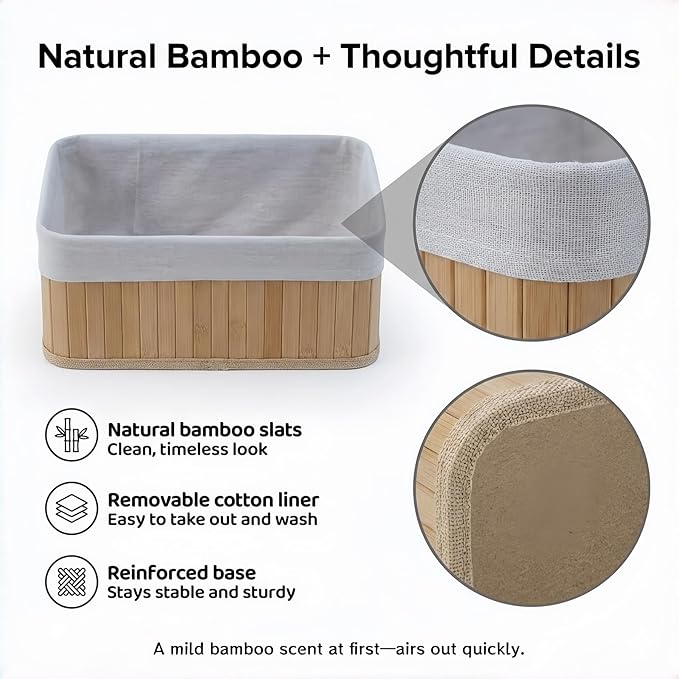 Pwryon Deosur 4-Pack Bamboo Storage Baskets with Removable Washable Liners – Natural Woven Organizers for Closet, Bathroom, Bedroom & Pantry